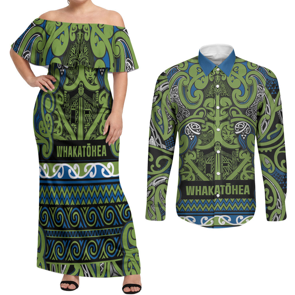 Aotearoa Iwi Whakatohea Couples Matching Off Shoulder Maxi Dress and Long Sleeve Button Shirt Maori Wharenui House Tribal Pattern