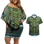 Aotearoa Iwi Whakatohea Couples Matching Off Shoulder Short Dress and Hawaiian Shirt Maori Wharenui House Tribal Pattern