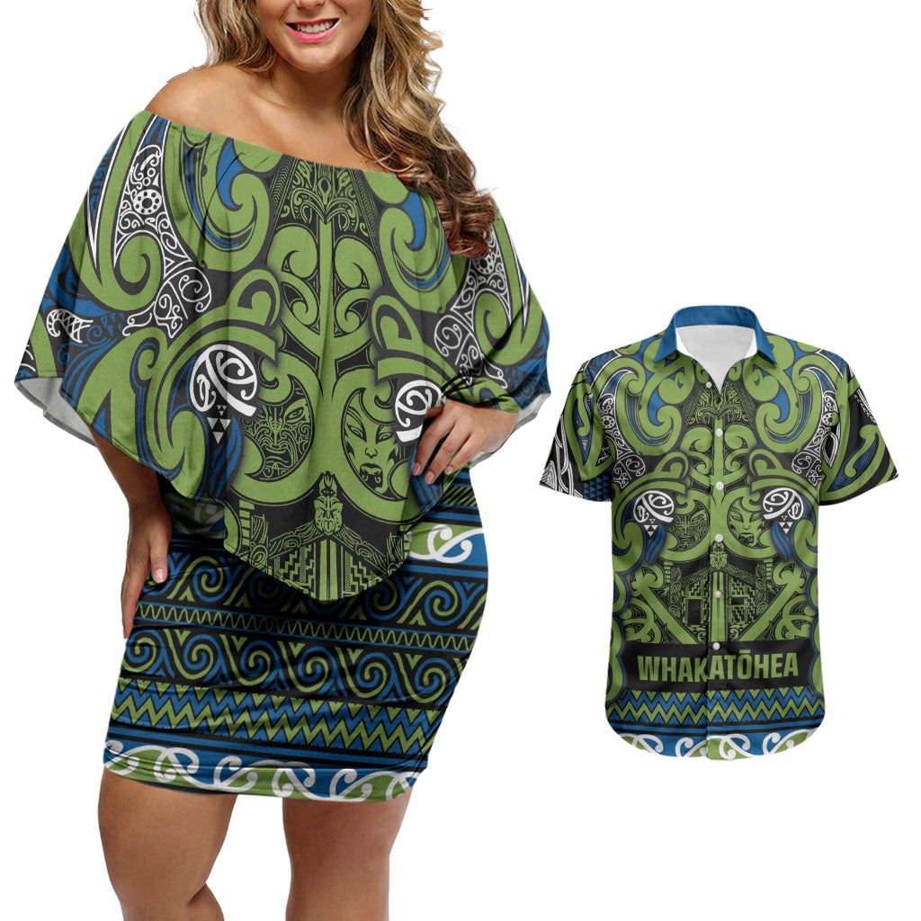 Aotearoa Iwi Whakatohea Couples Matching Off Shoulder Short Dress and Hawaiian Shirt Maori Wharenui House Tribal Pattern