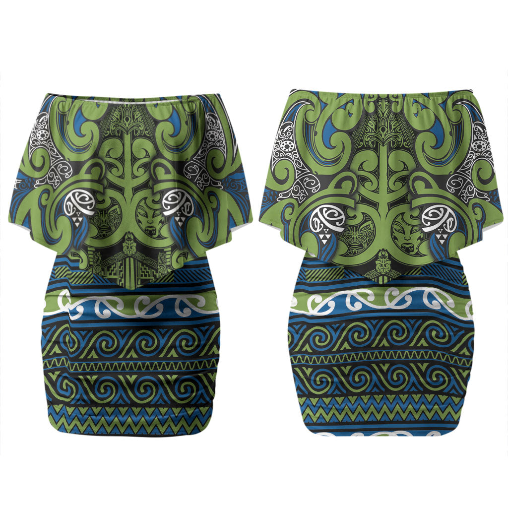 Aotearoa Iwi Whakatohea Couples Matching Off Shoulder Short Dress and Hawaiian Shirt Maori Wharenui House Tribal Pattern