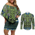 Aotearoa Iwi Whakatohea Couples Matching Off Shoulder Short Dress and Long Sleeve Button Shirt Maori Wharenui House Tribal Pattern