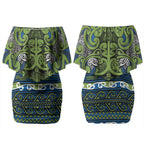 Aotearoa Iwi Whakatohea Couples Matching Off Shoulder Short Dress and Long Sleeve Button Shirt Maori Wharenui House Tribal Pattern