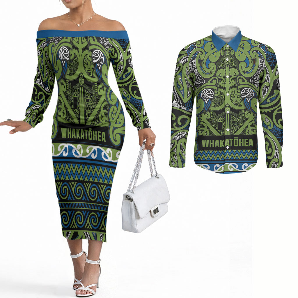 Aotearoa Iwi Whakatohea Couples Matching Off The Shoulder Long Sleeve Dress and Long Sleeve Button Shirt Maori Wharenui House Tribal Pattern