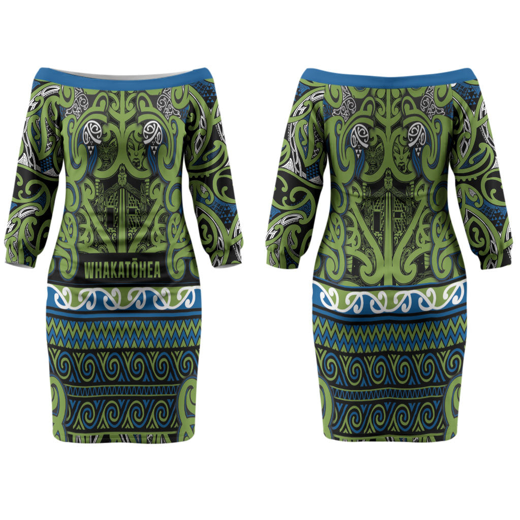 Aotearoa Iwi Whakatohea Couples Matching Off The Shoulder Long Sleeve Dress and Long Sleeve Button Shirt Maori Wharenui House Tribal Pattern