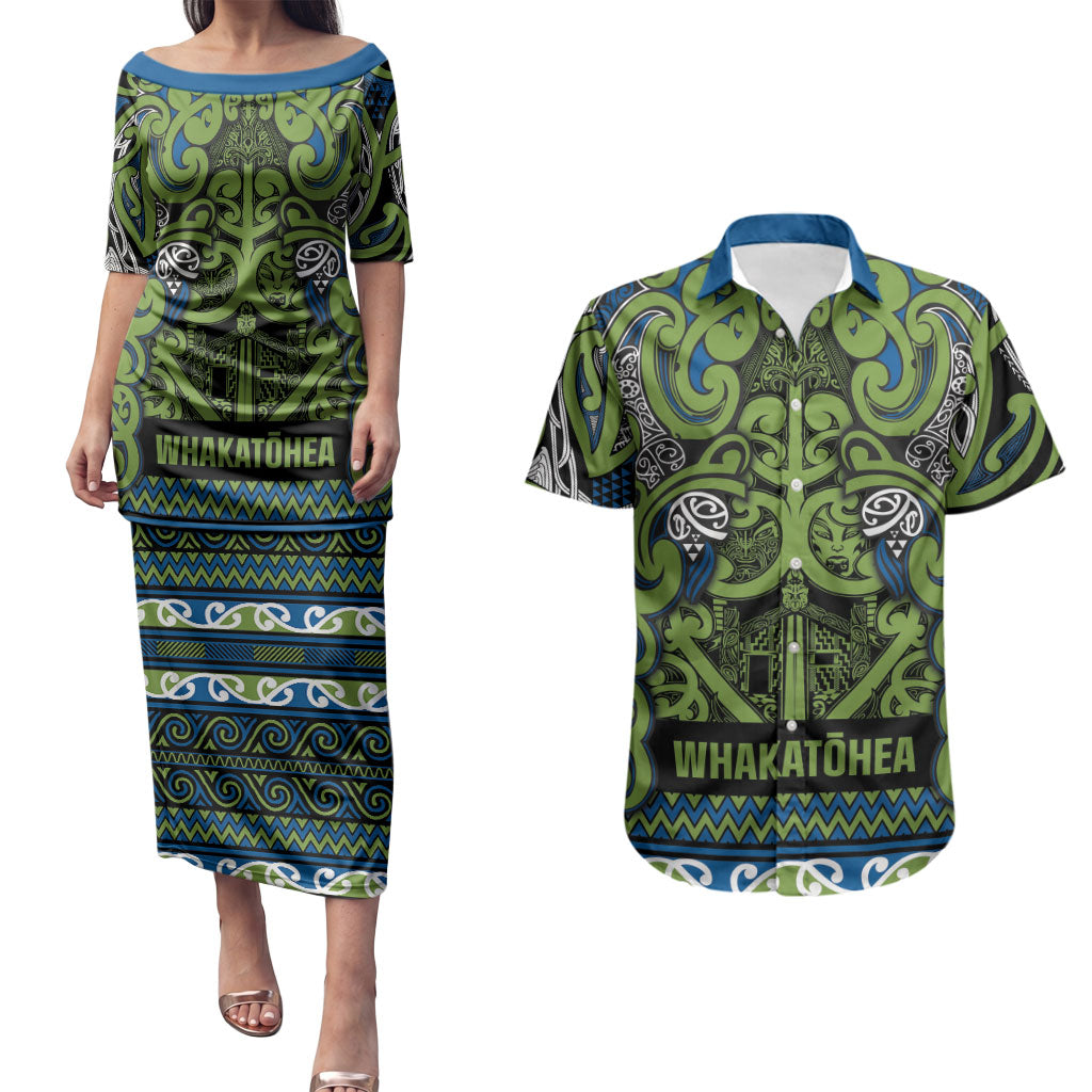 Aotearoa Iwi Whakatohea Couples Matching Puletasi and Hawaiian Shirt Maori Wharenui House Tribal Pattern