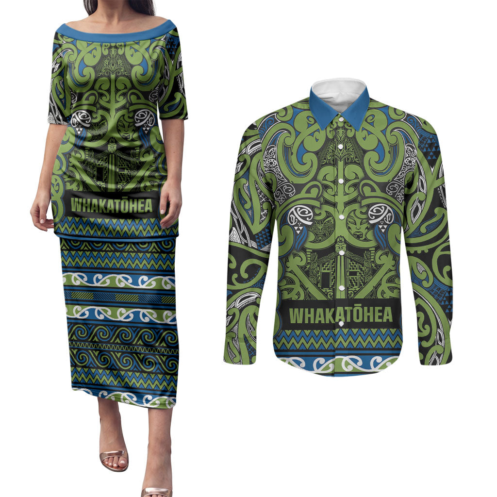 Aotearoa Iwi Whakatohea Couples Matching Puletasi and Long Sleeve Button Shirt Maori Wharenui House Tribal Pattern