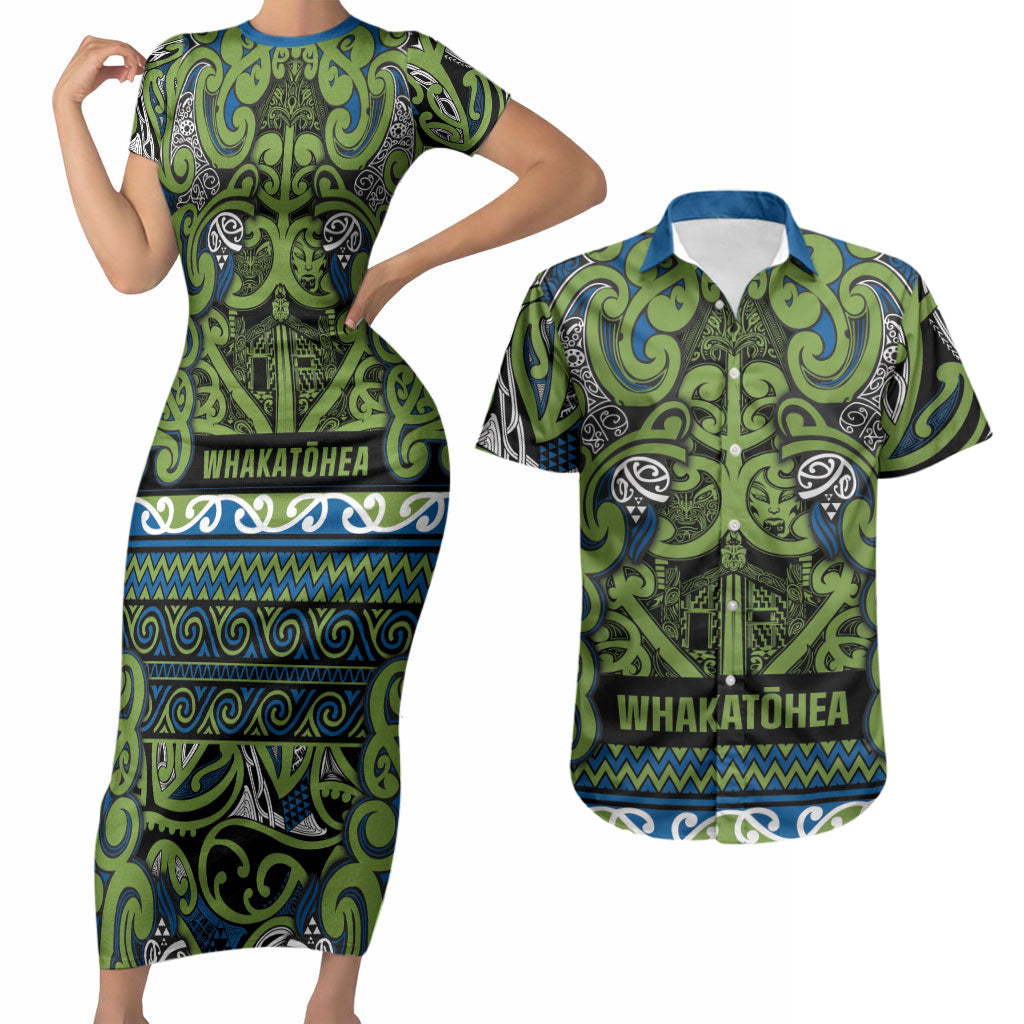 Aotearoa Iwi Whakatohea Couples Matching Short Sleeve Bodycon Dress and Hawaiian Shirt Maori Wharenui House Tribal Pattern