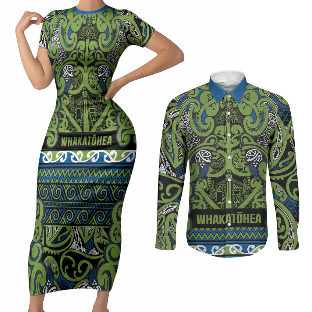 Aotearoa Iwi Whakatohea Couples Matching Short Sleeve Bodycon Dress and Long Sleeve Button Shirt Maori Wharenui House Tribal Pattern