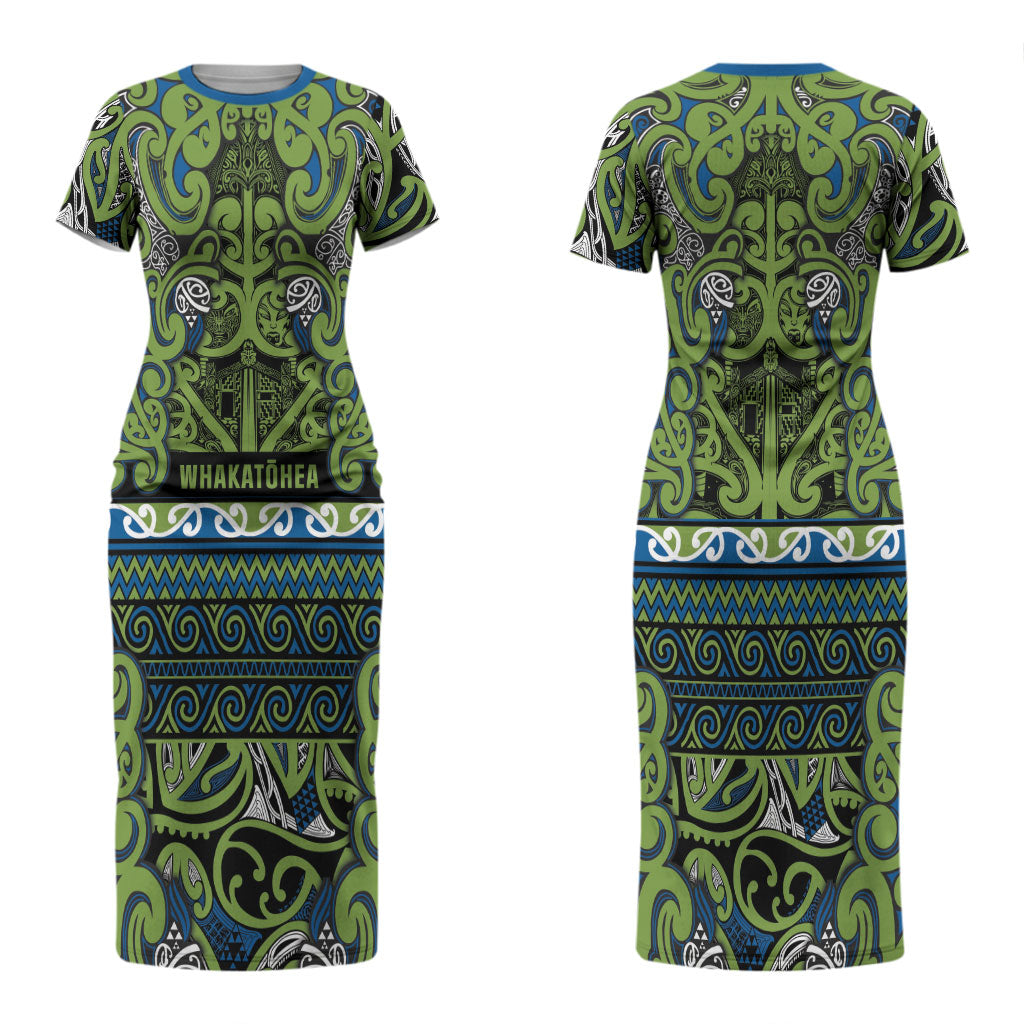 Aotearoa Iwi Whakatohea Couples Matching Short Sleeve Bodycon Dress and Long Sleeve Button Shirt Maori Wharenui House Tribal Pattern