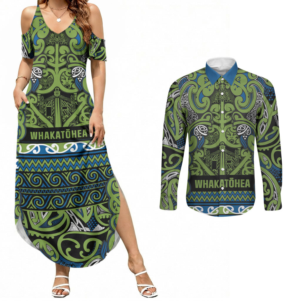 Aotearoa Iwi Whakatohea Couples Matching Summer Maxi Dress and Long Sleeve Button Shirt Maori Wharenui House Tribal Pattern