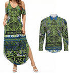Aotearoa Iwi Whakatohea Couples Matching Summer Maxi Dress and Long Sleeve Button Shirt Maori Wharenui House Tribal Pattern