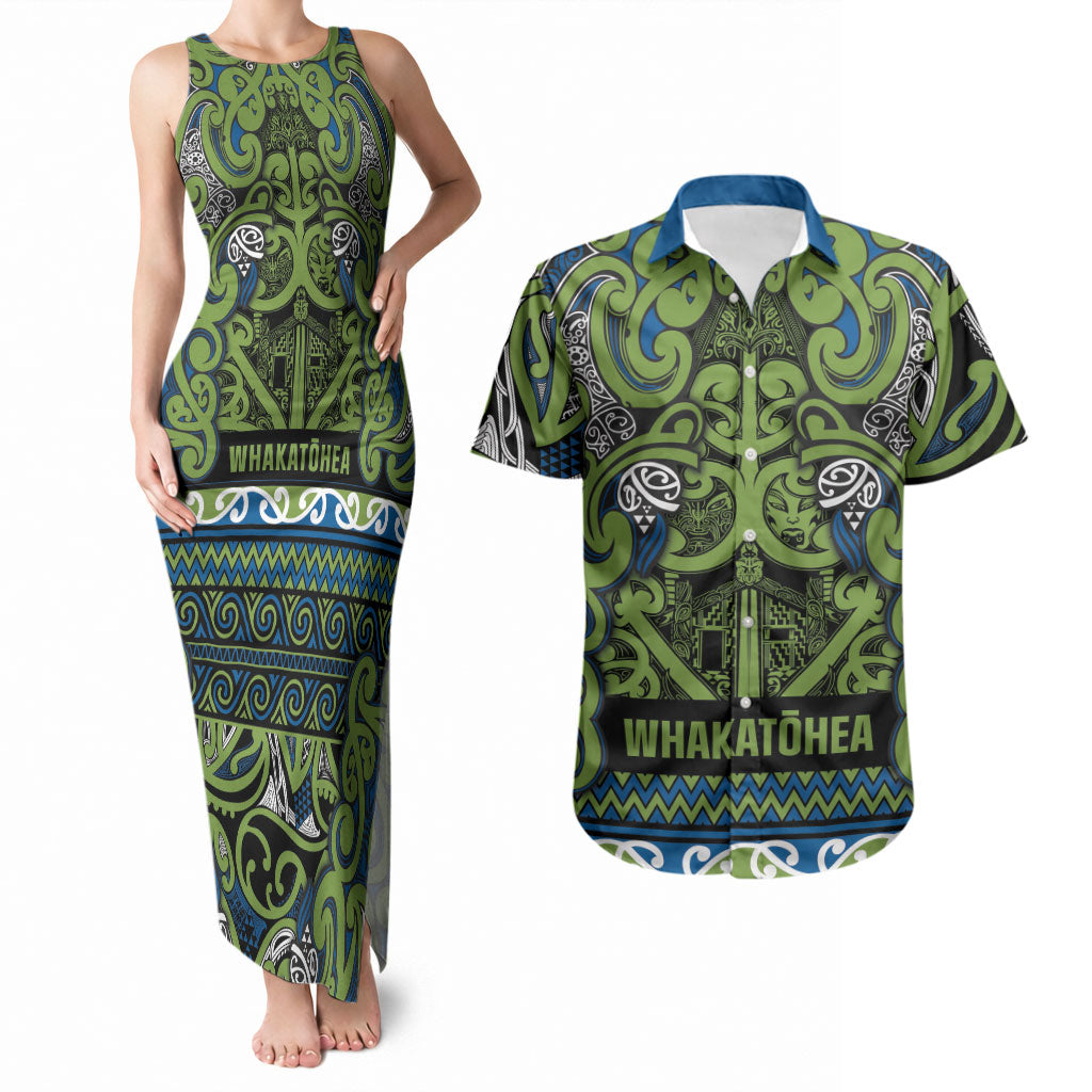 Aotearoa Iwi Whakatohea Couples Matching Tank Maxi Dress and Hawaiian Shirt Maori Wharenui House Tribal Pattern