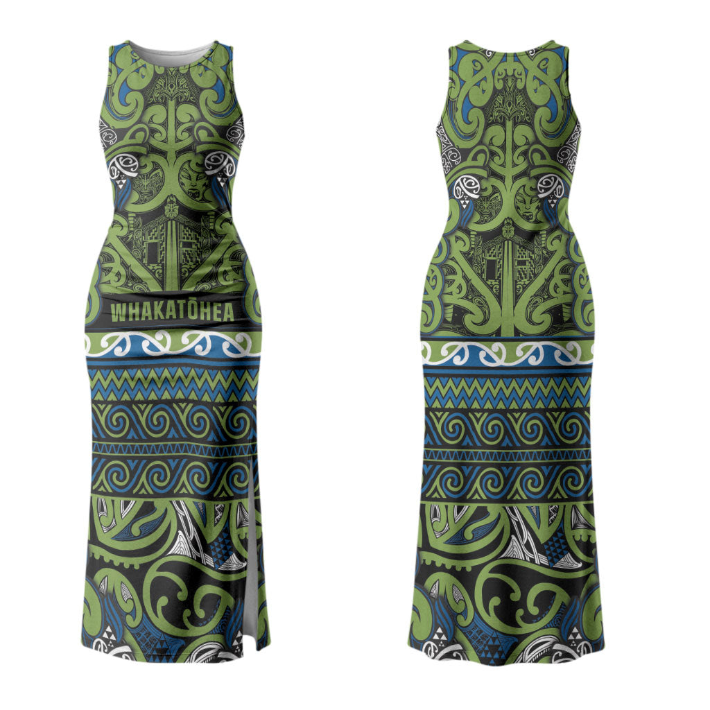 Aotearoa Iwi Whakatohea Couples Matching Tank Maxi Dress and Long Sleeve Button Shirt Maori Wharenui House Tribal Pattern