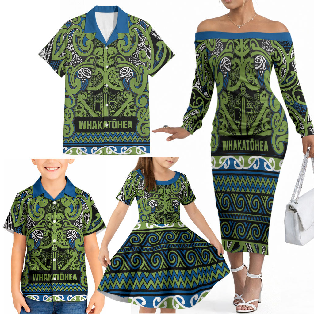 Aotearoa Iwi Whakatohea Family Matching Off The Shoulder Long Sleeve Dress and Hawaiian Shirt Maori Wharenui House Tribal Pattern