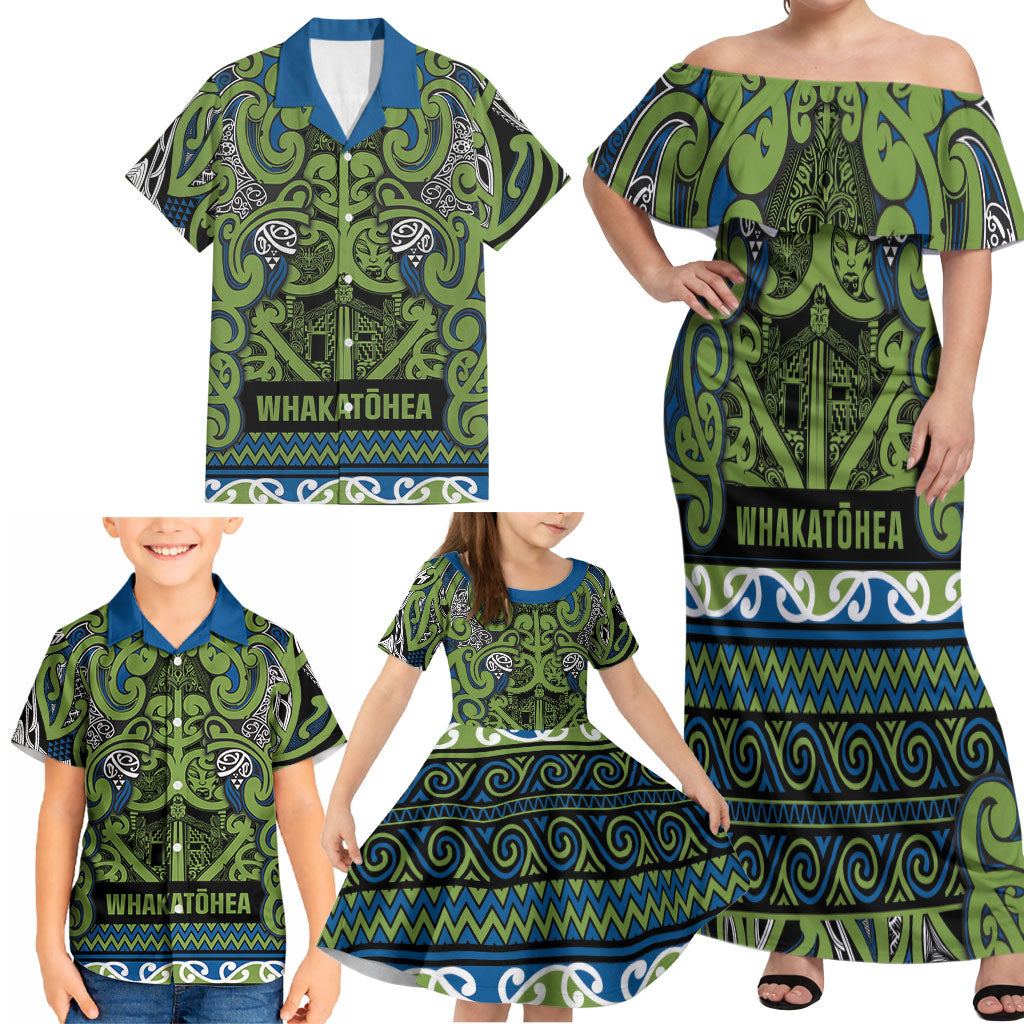 Aotearoa Iwi Whakatohea Family Matching Off Shoulder Maxi Dress and Hawaiian Shirt Maori Wharenui House Tribal Pattern