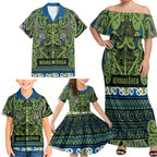 Aotearoa Iwi Whakatohea Family Matching Off Shoulder Maxi Dress and Hawaiian Shirt Maori Wharenui House Tribal Pattern