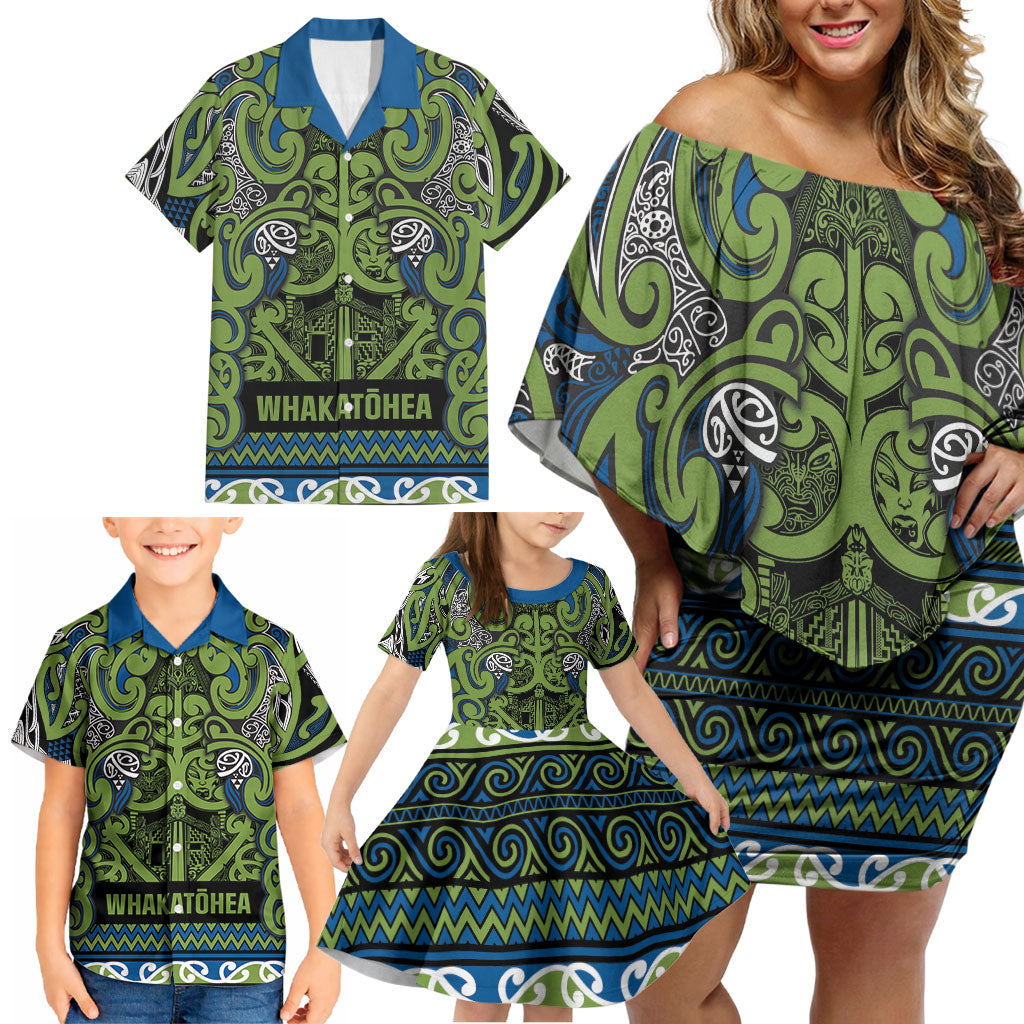 Aotearoa Iwi Whakatohea Family Matching Off Shoulder Short Dress and Hawaiian Shirt Maori Wharenui House Tribal Pattern