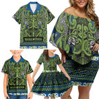 Aotearoa Iwi Whakatohea Family Matching Off Shoulder Short Dress and Hawaiian Shirt Maori Wharenui House Tribal Pattern