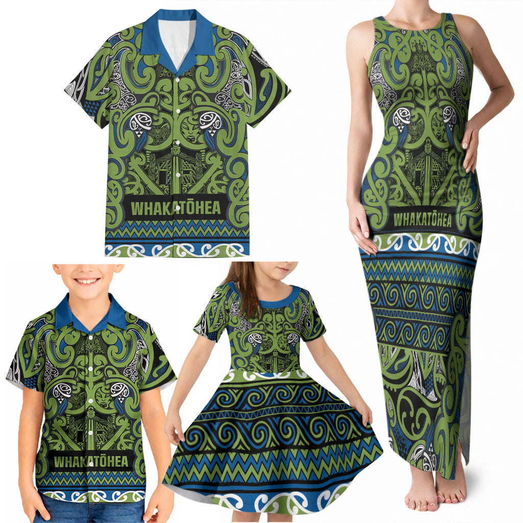 Aotearoa Iwi Whakatohea Family Matching Tank Maxi Dress and Hawaiian Shirt Maori Wharenui House Tribal Pattern