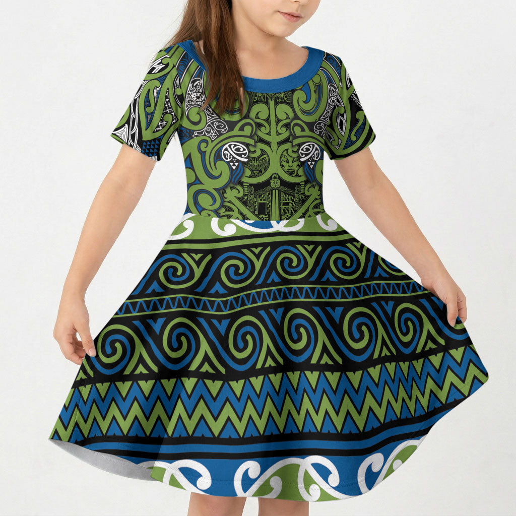 Aotearoa Iwi Whakatohea Kid Short Sleeve Dress Maori Wharenui House Tribal Pattern