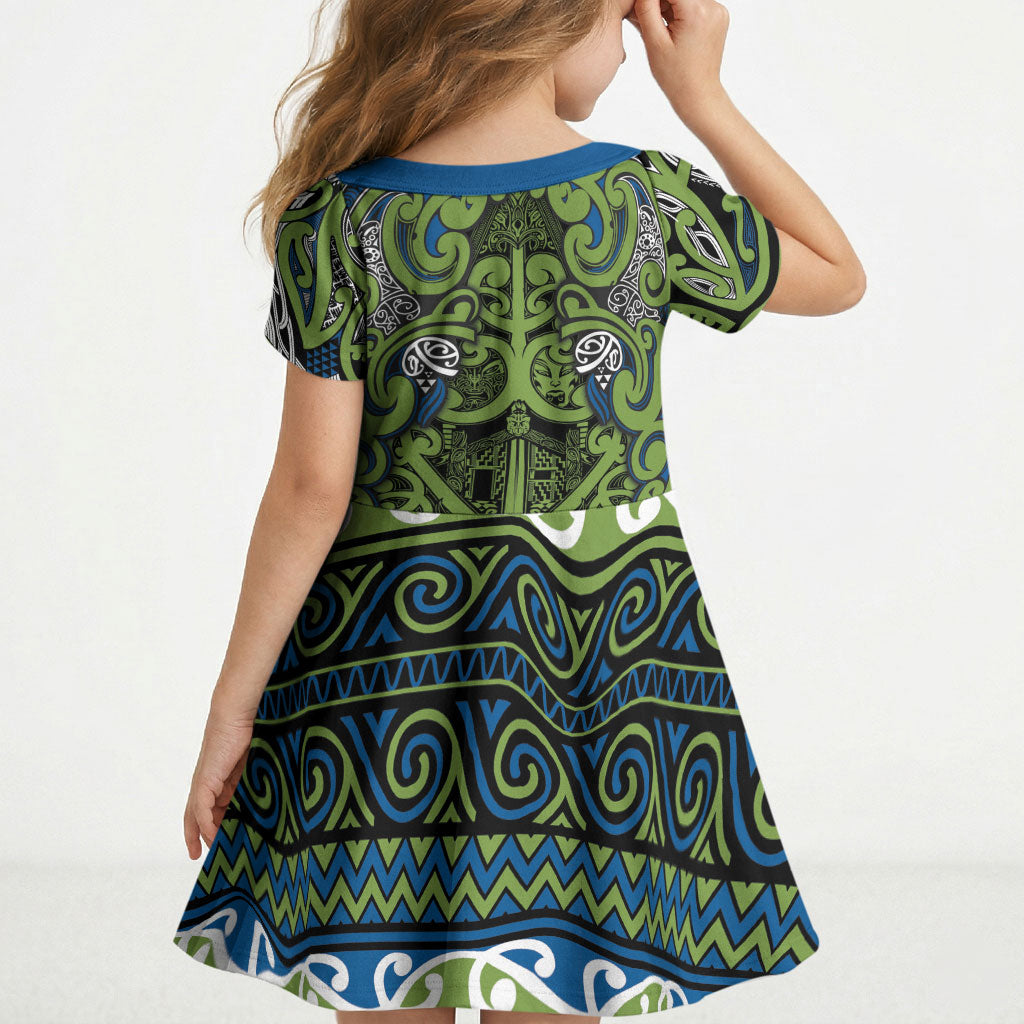 Aotearoa Iwi Whakatohea Kid Short Sleeve Dress Maori Wharenui House Tribal Pattern