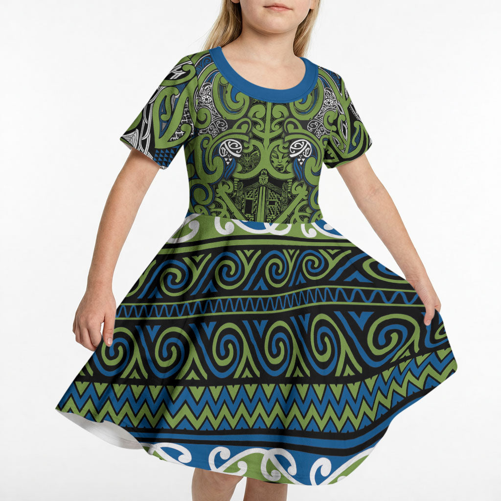 Aotearoa Iwi Whakatohea Kid Short Sleeve Dress Maori Wharenui House Tribal Pattern