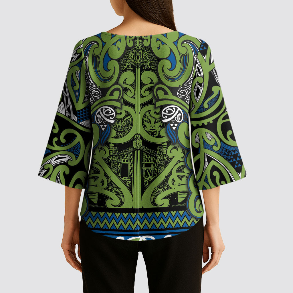 Aotearoa Iwi Whakatohea Kimono Sleeve Blouse Maori Wharenui House Tribal Pattern