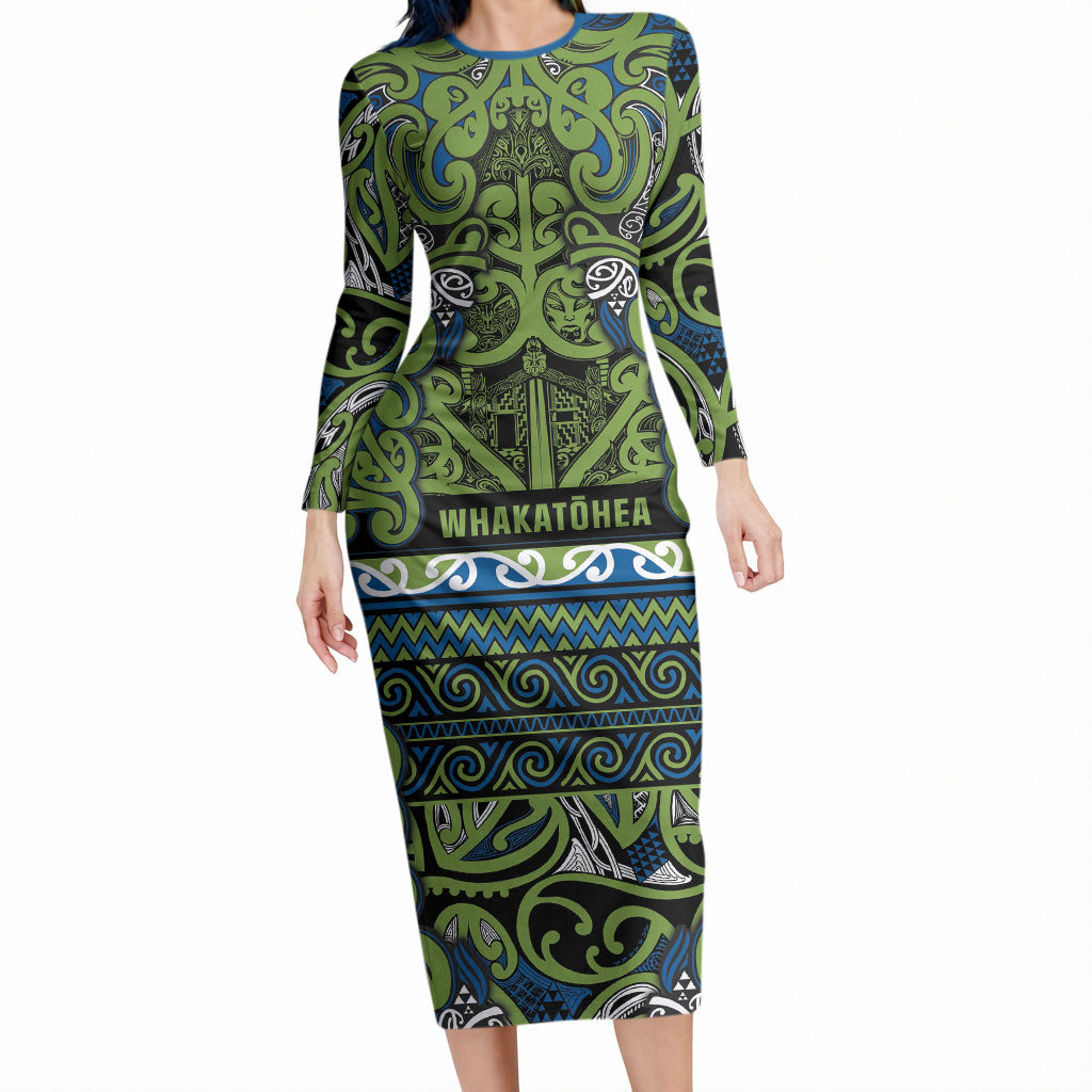 Aotearoa Iwi Whakatohea Long Sleeve Bodycon Dress Maori Wharenui House Tribal Pattern