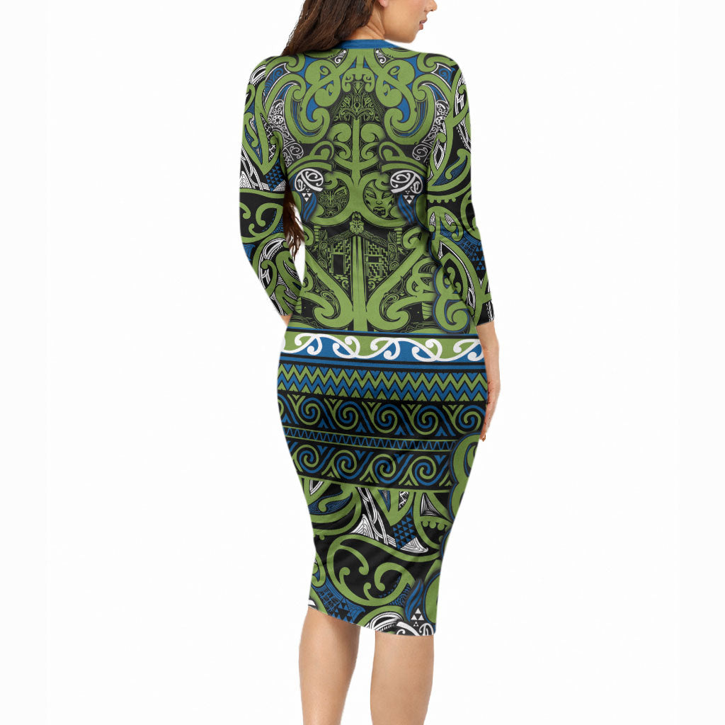 Aotearoa Iwi Whakatohea Long Sleeve Bodycon Dress Maori Wharenui House Tribal Pattern