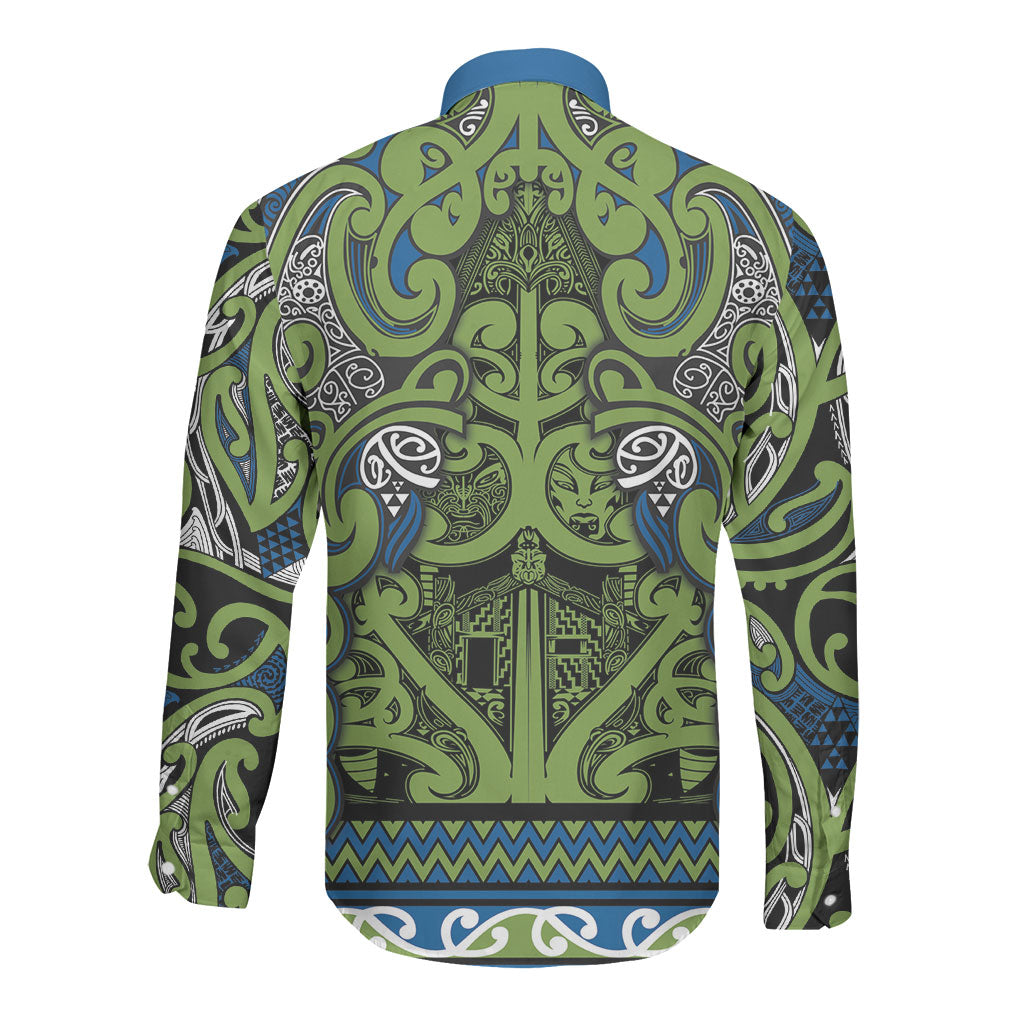 Aotearoa Iwi Whakatohea Long Sleeve Button Shirt Maori Wharenui House Tribal Pattern