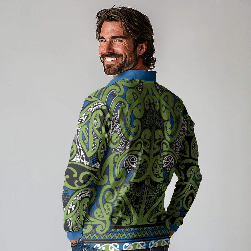 Aotearoa Iwi Whakatohea Long Sleeve Polo Shirt Maori Wharenui House Tribal Pattern