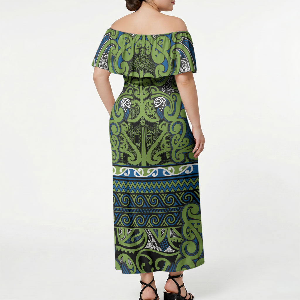 Aotearoa Iwi Whakatohea Off Shoulder Maxi Dress Maori Wharenui House Tribal Pattern