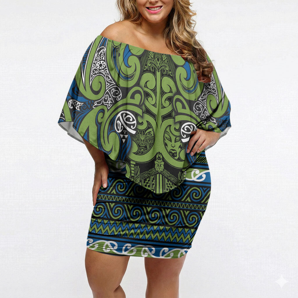 Aotearoa Iwi Whakatohea Off Shoulder Short Dress Maori Wharenui House Tribal Pattern