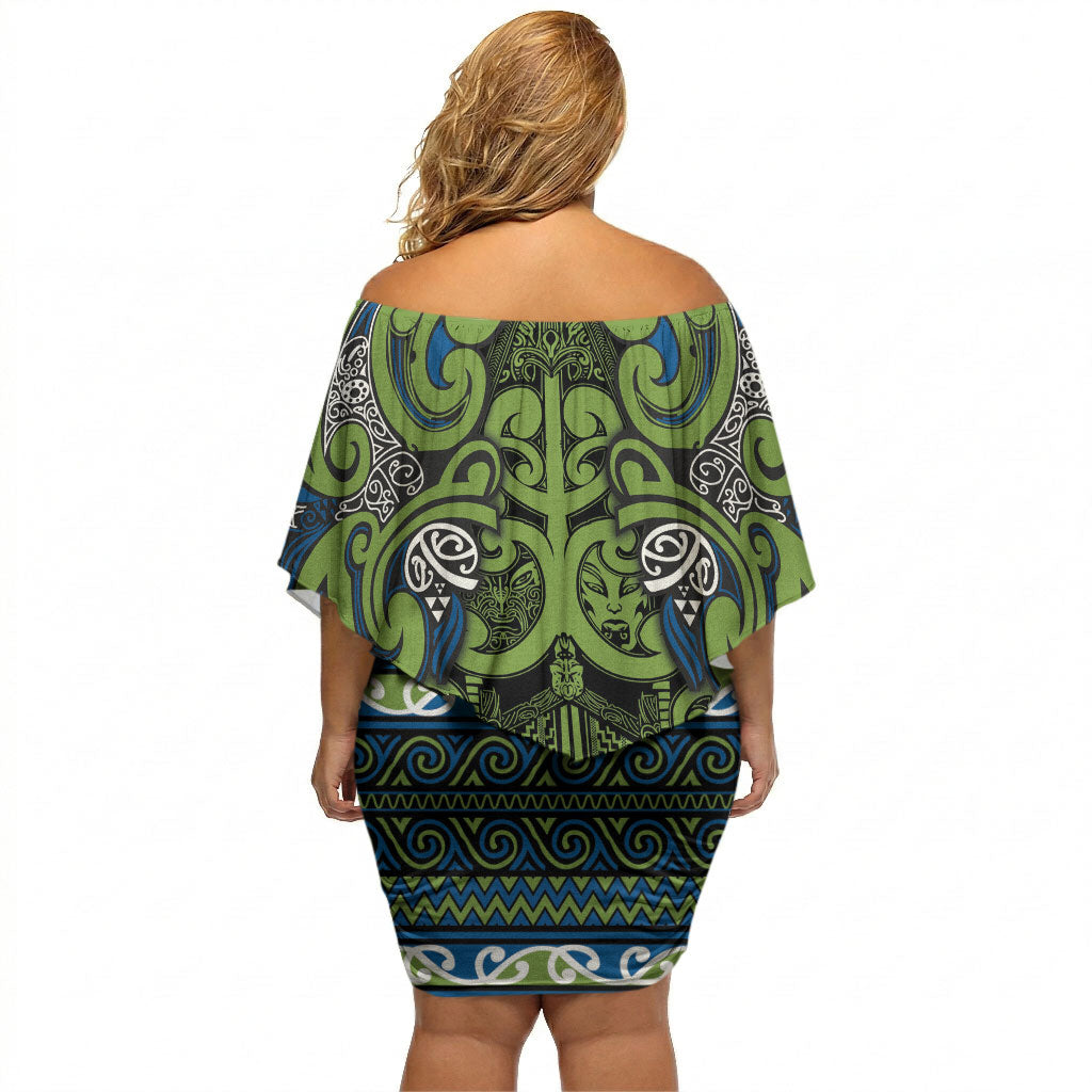 Aotearoa Iwi Whakatohea Off Shoulder Short Dress Maori Wharenui House Tribal Pattern