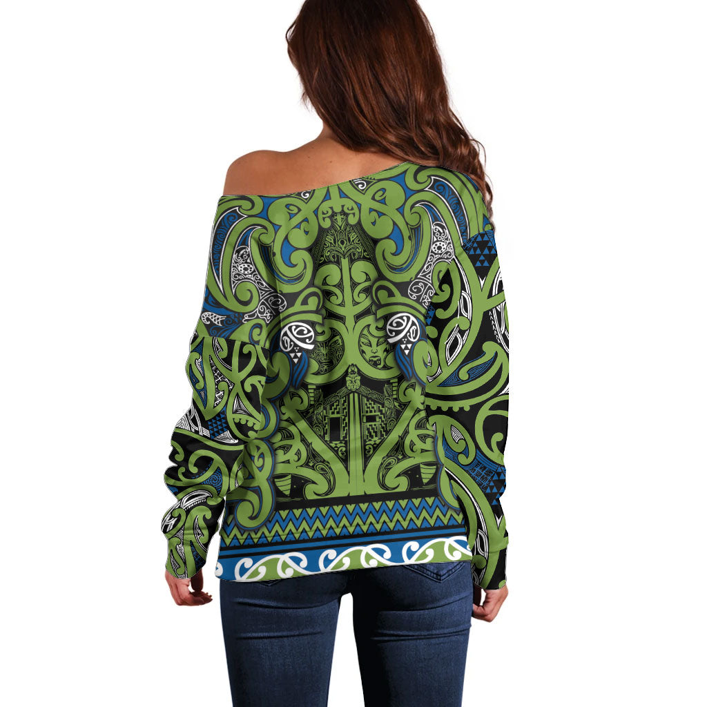 Aotearoa Iwi Whakatohea Off Shoulder Sweater Maori Wharenui House Tribal Pattern