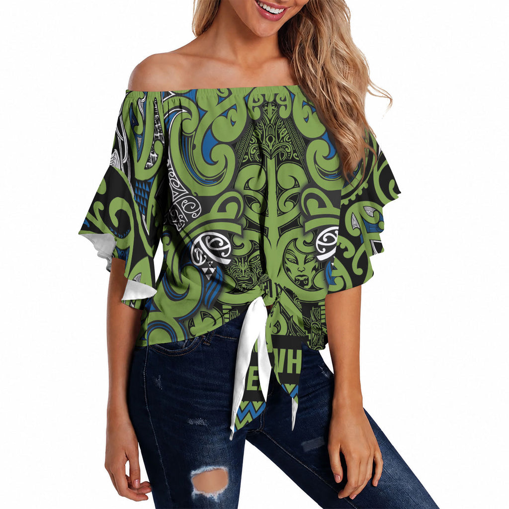 Aotearoa Iwi Whakatohea Off Shoulder Wrap Waist Top Maori Wharenui House Tribal Pattern