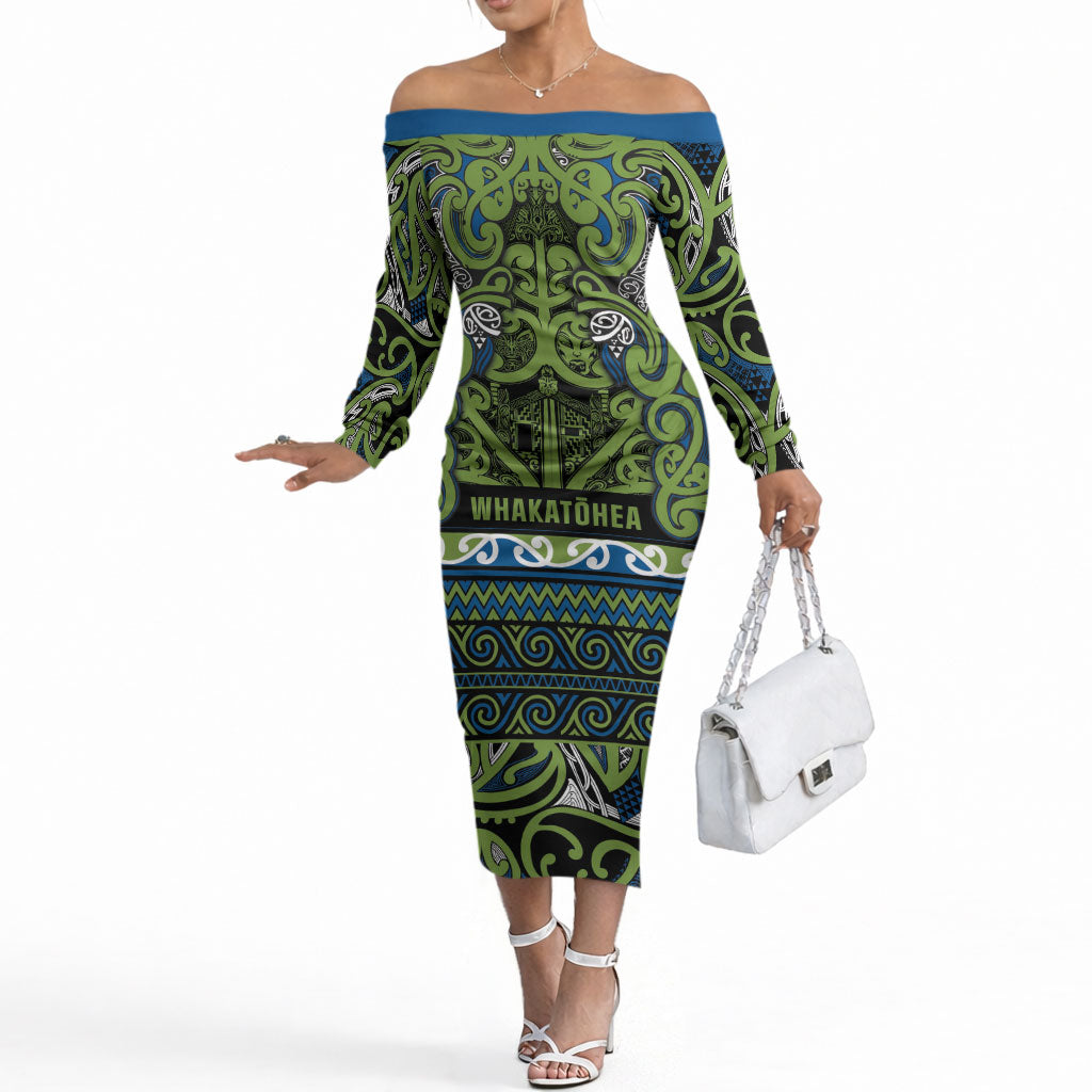 Aotearoa Iwi Whakatohea Off The Shoulder Long Sleeve Dress Maori Wharenui House Tribal Pattern