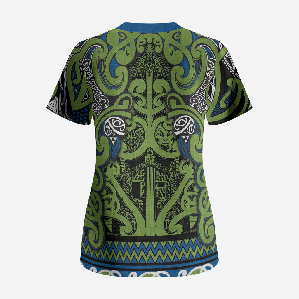 Aotearoa Iwi Whakatohea Scrub Top Maori Wharenui House Tribal Pattern