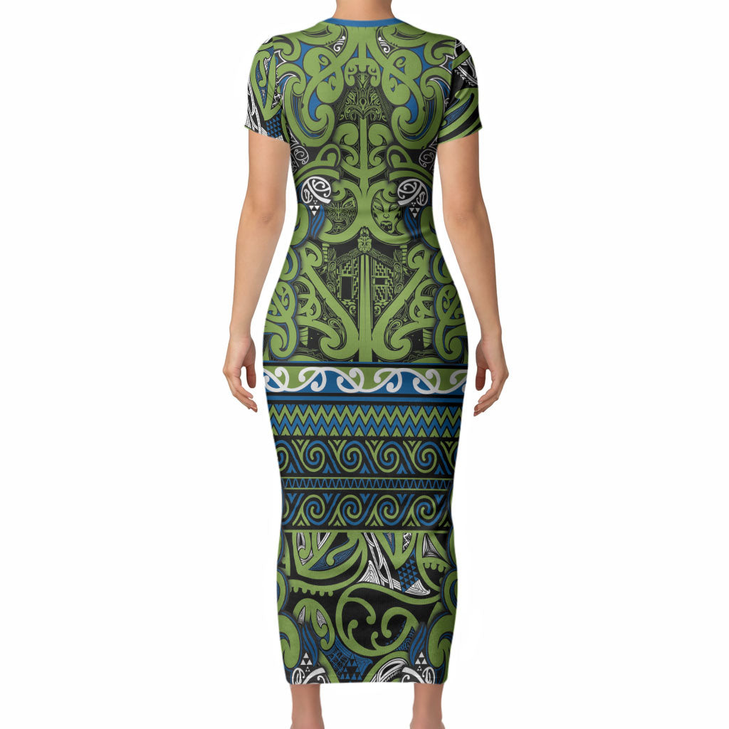 Aotearoa Iwi Whakatohea Short Sleeve Bodycon Dress Maori Wharenui House Tribal Pattern
