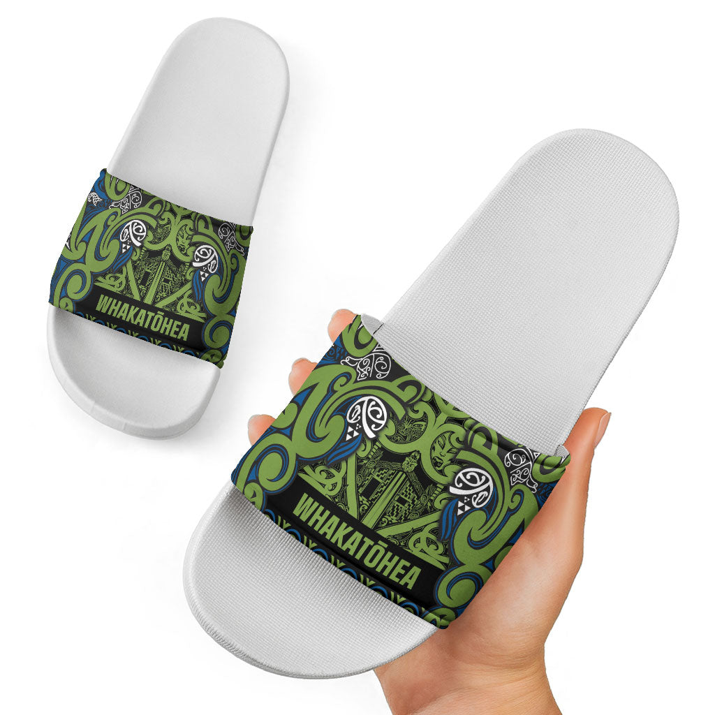 Aotearoa Iwi Whakatohea Slide Sandals Maori Wharenui House Tribal Pattern