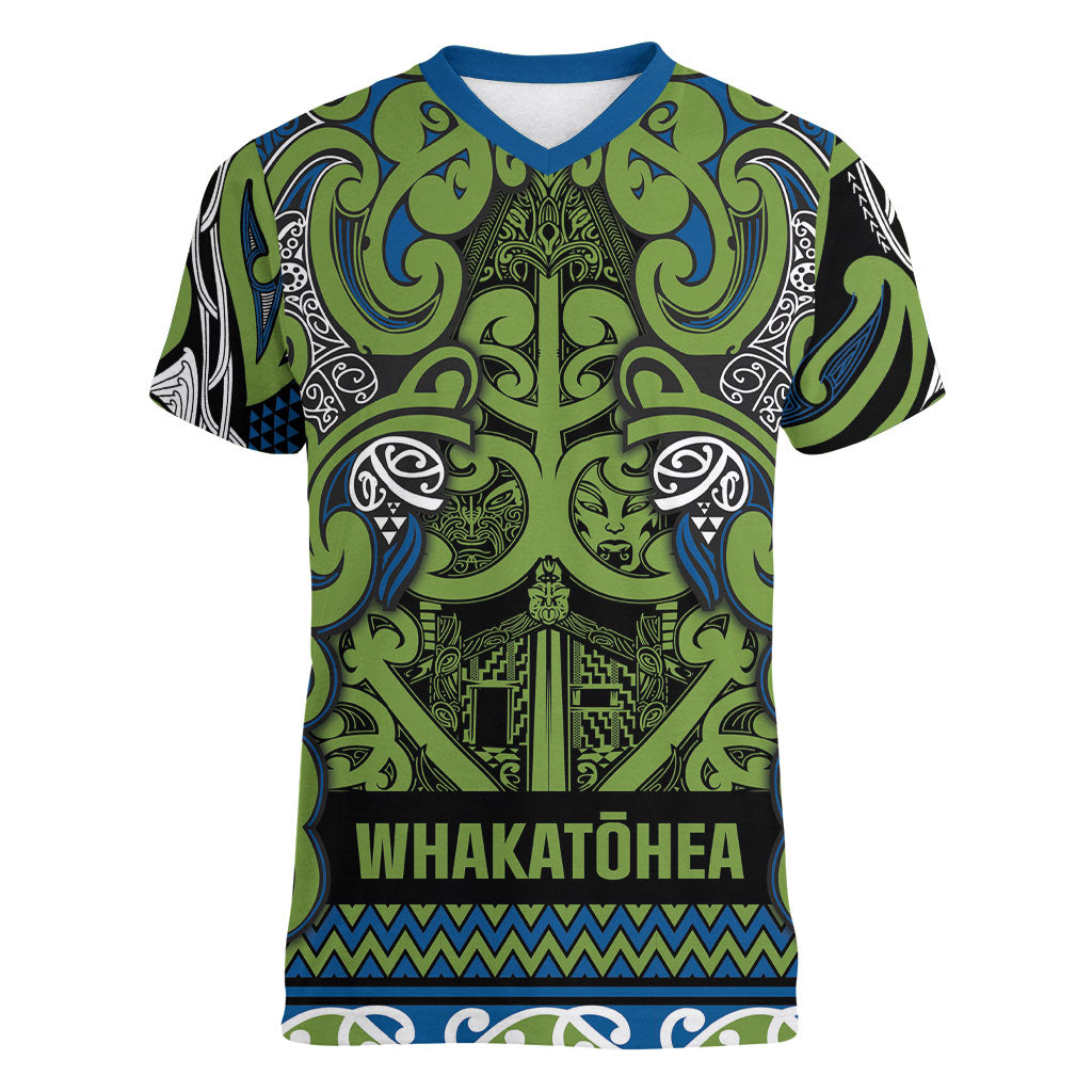 Aotearoa Iwi Whakatohea Women V-Neck T-Shirt Maori Wharenui House Tribal Pattern