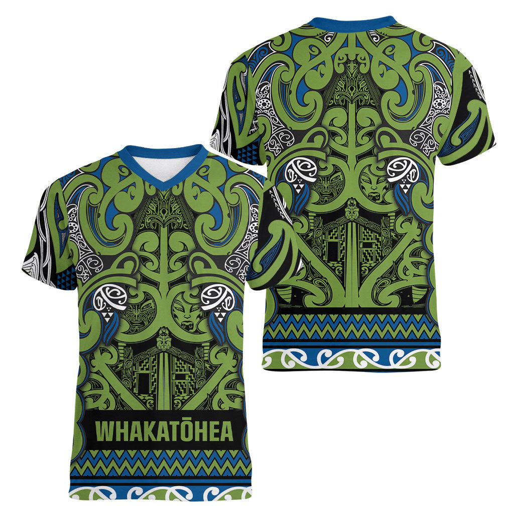 Aotearoa Iwi Whakatohea Women V-Neck T-Shirt Maori Wharenui House Tribal Pattern