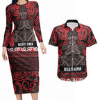 Aotearoa Iwi Ngati Awa Couples Matching Long Sleeve Bodycon Dress and Hawaiian Shirt Maori Wharenui House Tribal Pattern