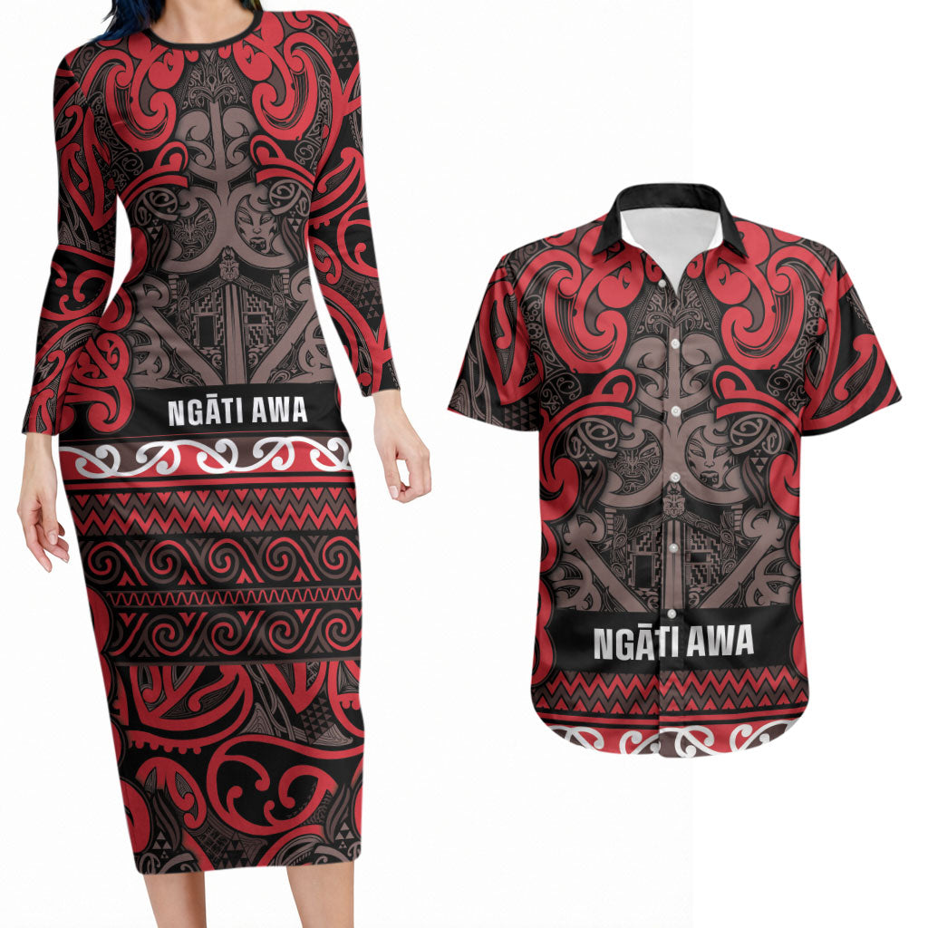 Aotearoa Iwi Ngati Awa Couples Matching Long Sleeve Bodycon Dress and Hawaiian Shirt Maori Wharenui House Tribal Pattern