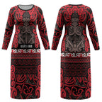Aotearoa Iwi Ngati Awa Couples Matching Long Sleeve Bodycon Dress and Hawaiian Shirt Maori Wharenui House Tribal Pattern