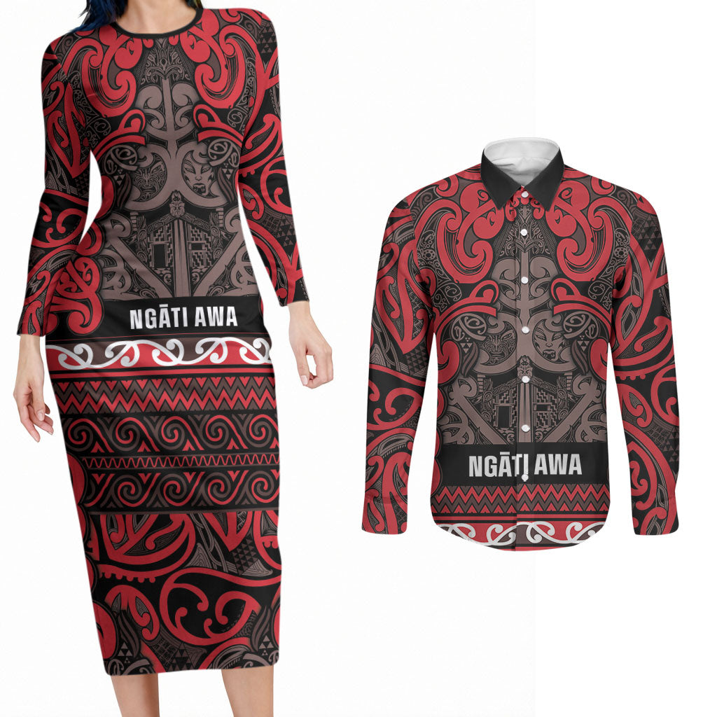 Aotearoa Iwi Ngati Awa Couples Matching Long Sleeve Bodycon Dress and Long Sleeve Button Shirt Maori Wharenui House Tribal Pattern