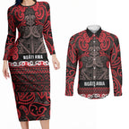 Aotearoa Iwi Ngati Awa Couples Matching Long Sleeve Bodycon Dress and Long Sleeve Button Shirt Maori Wharenui House Tribal Pattern