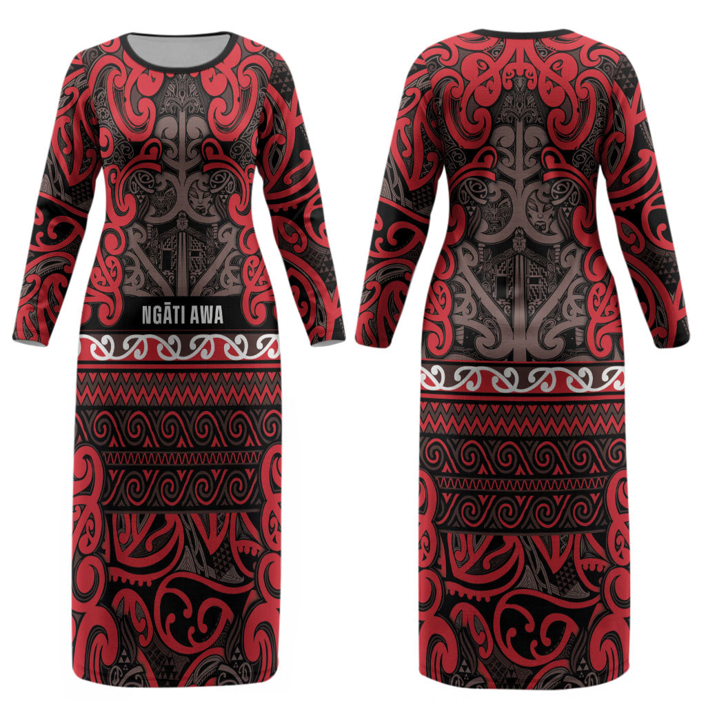 Aotearoa Iwi Ngati Awa Couples Matching Long Sleeve Bodycon Dress and Long Sleeve Button Shirt Maori Wharenui House Tribal Pattern