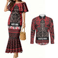 Aotearoa Iwi Ngati Awa Couples Matching Mermaid Dress and Long Sleeve Button Shirt Maori Wharenui House Tribal Pattern