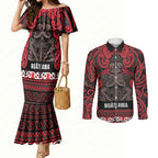 Aotearoa Iwi Ngati Awa Couples Matching Mermaid Dress and Long Sleeve Button Shirt Maori Wharenui House Tribal Pattern